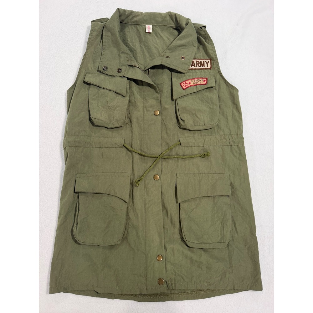 Womens Military Utility Vest Olive Green Army Patch Cargo Pocket Drawstring M/L